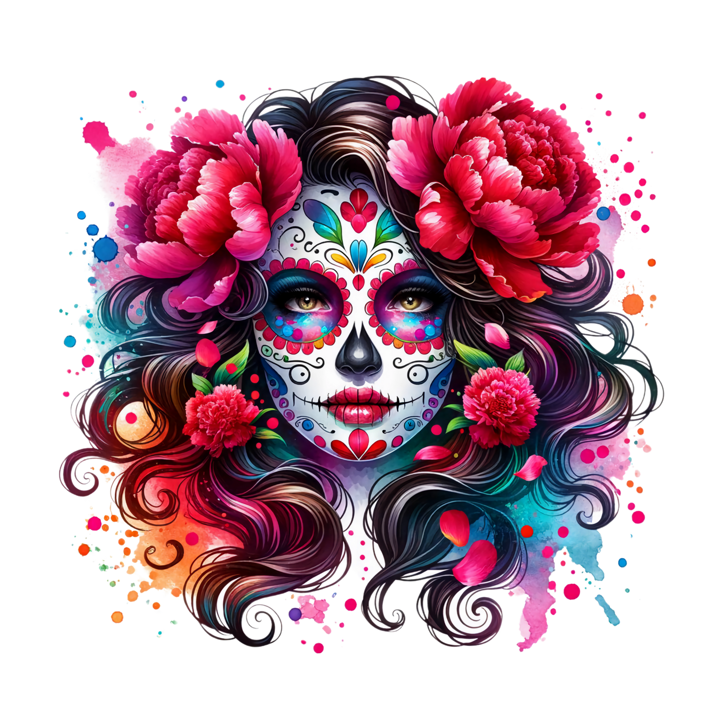 Farbenfrohes Bügelbild Catrina mit roten Rosen im Día-de-los-Muertos-Stil