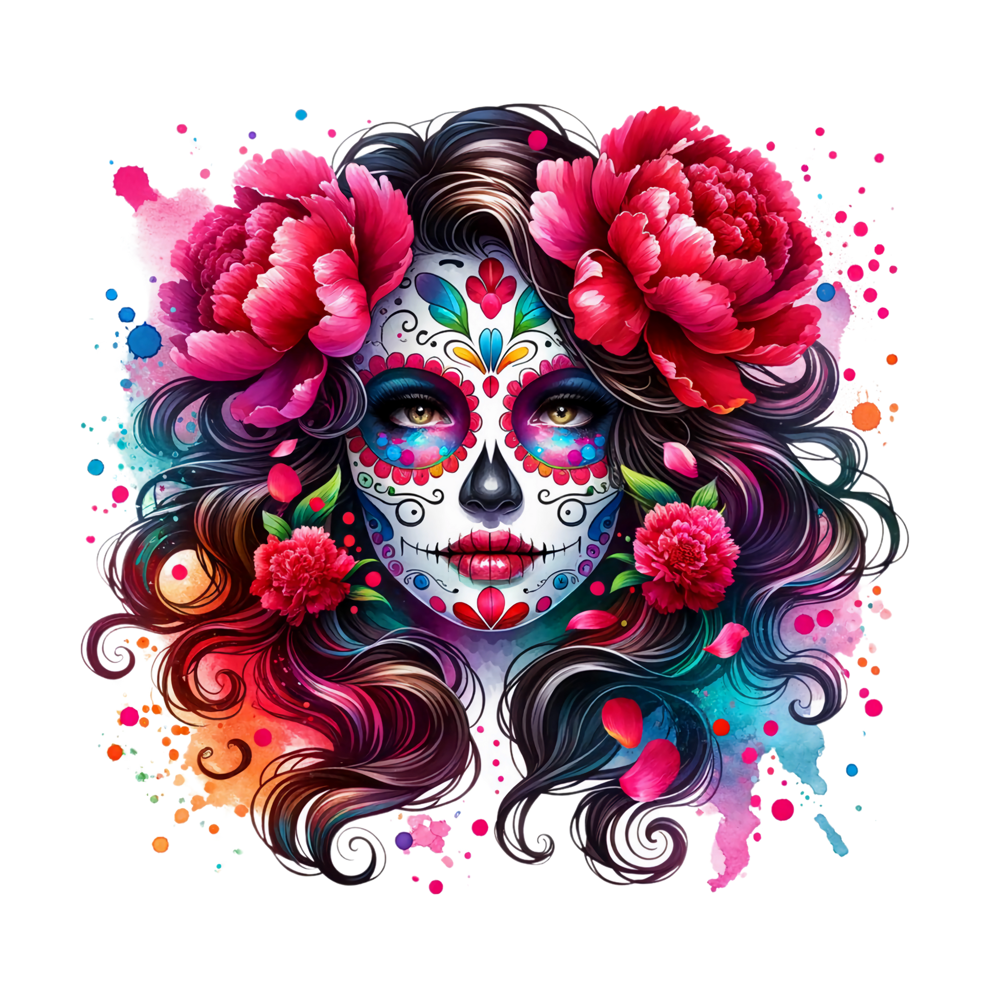 Farbenfrohes Bügelbild Catrina mit roten Rosen im Día-de-los-Muertos-Stil
