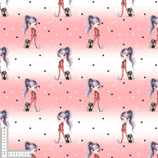 Bio Jersey Stoff rosa mit Ladybug Mädchen und schwarzer Katze als Rapport – ideal für Baby- und Kinderkleidung – French Terry verfügbar