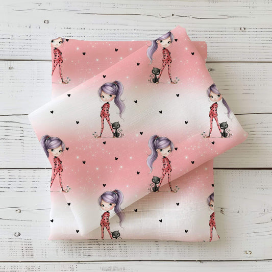 Ladybug Girl & Black Cat Stoffdesign – rosa Verlauf auf Jersey oder French Terry – für Mädchenkleidung Meterware