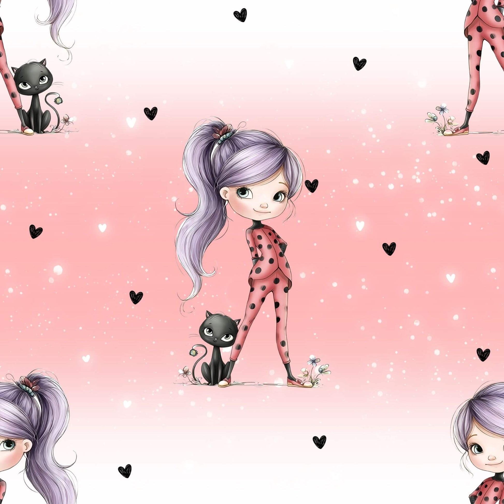 Detailaufnahme Bio Jersey mit Ladybug Girl & Katze – rosa Hintergrund mit Herzchen – French Terry verfügbar