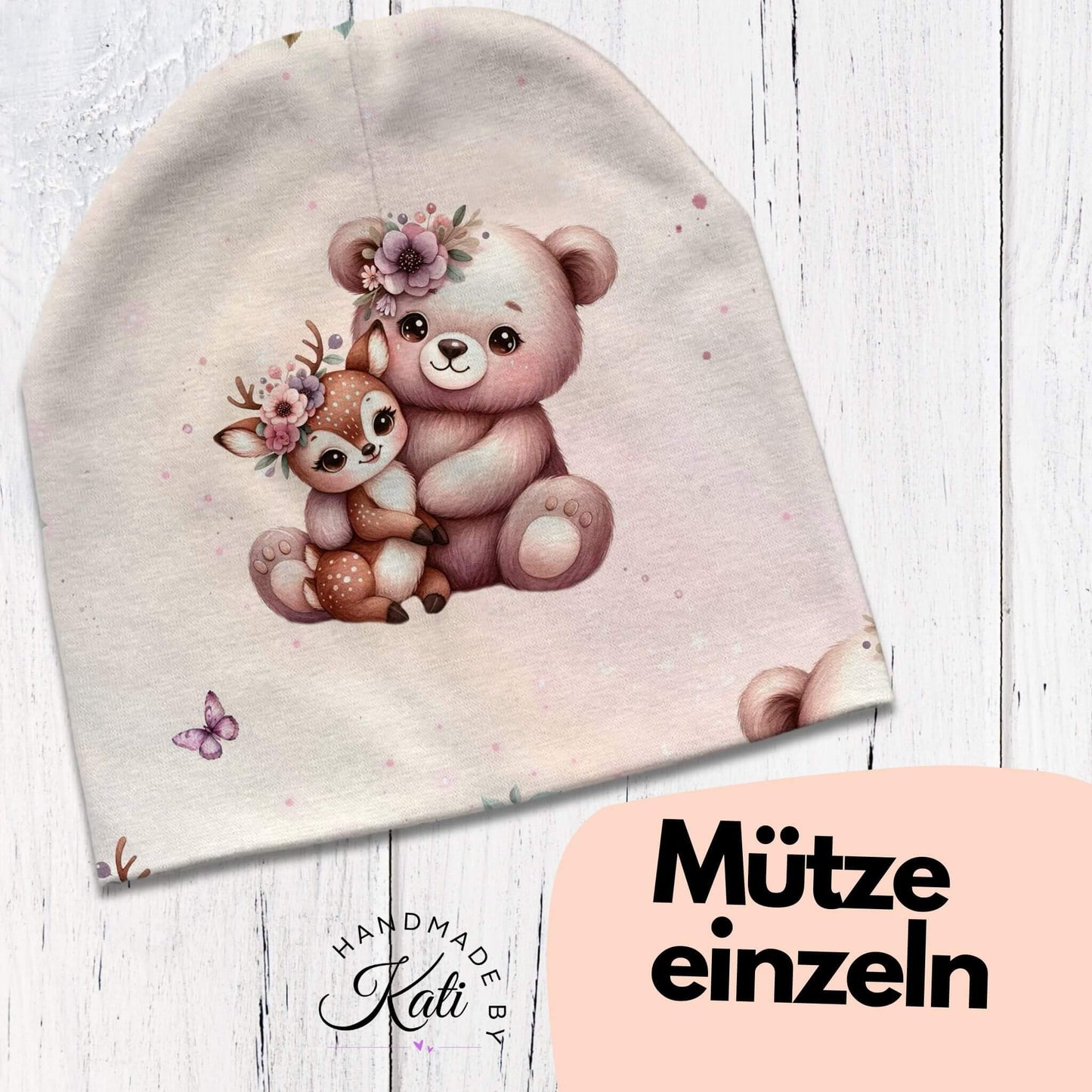 Handmade Beanie Mütze "Bär & Reh"