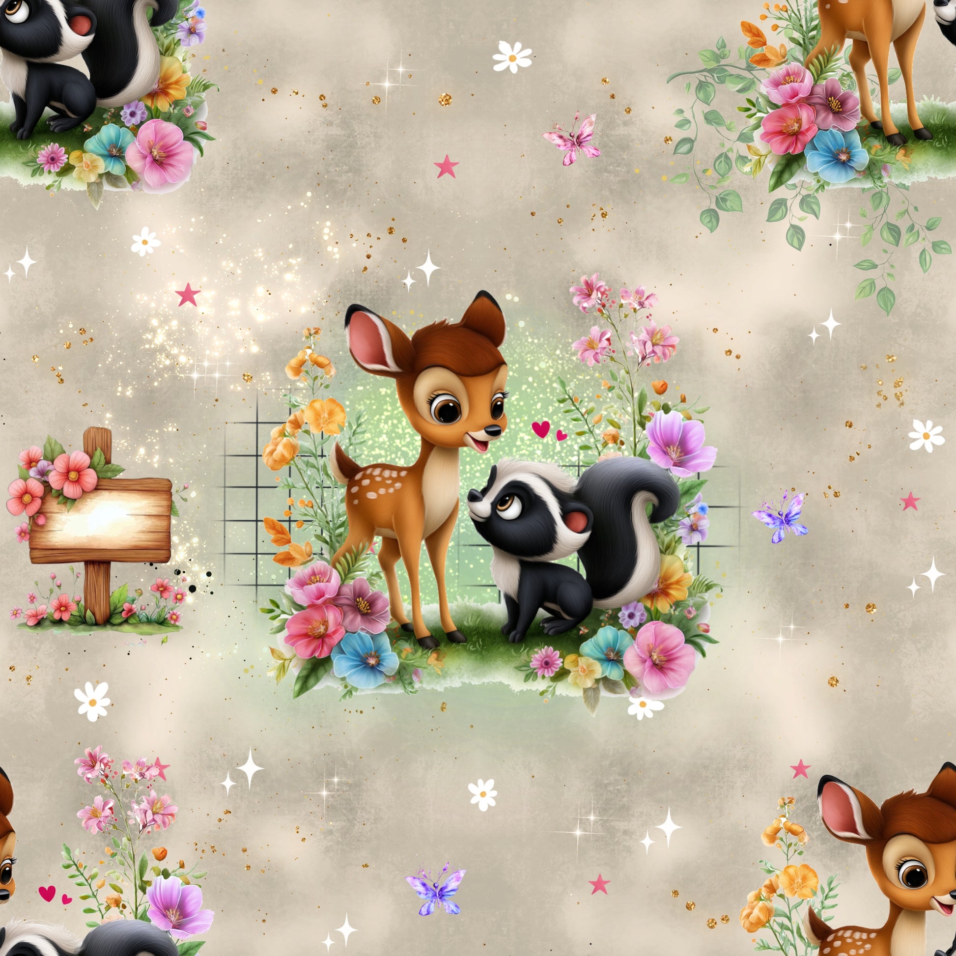 Illustration Reh und Waldfreund auf Kinderstoff mit Blumen