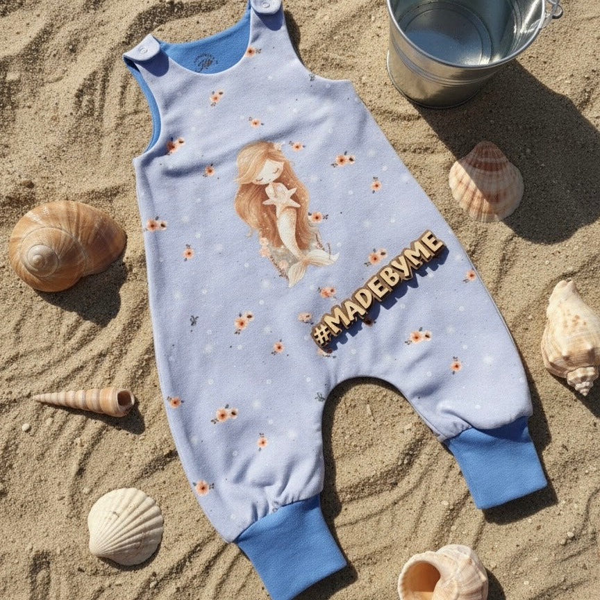 Strampler aus dem Meerjungfrau Kombi toff in Grau-Blau. in der Mitte ist ein ca 10cm Großes Bügelbild platziert und blau Bündchen.