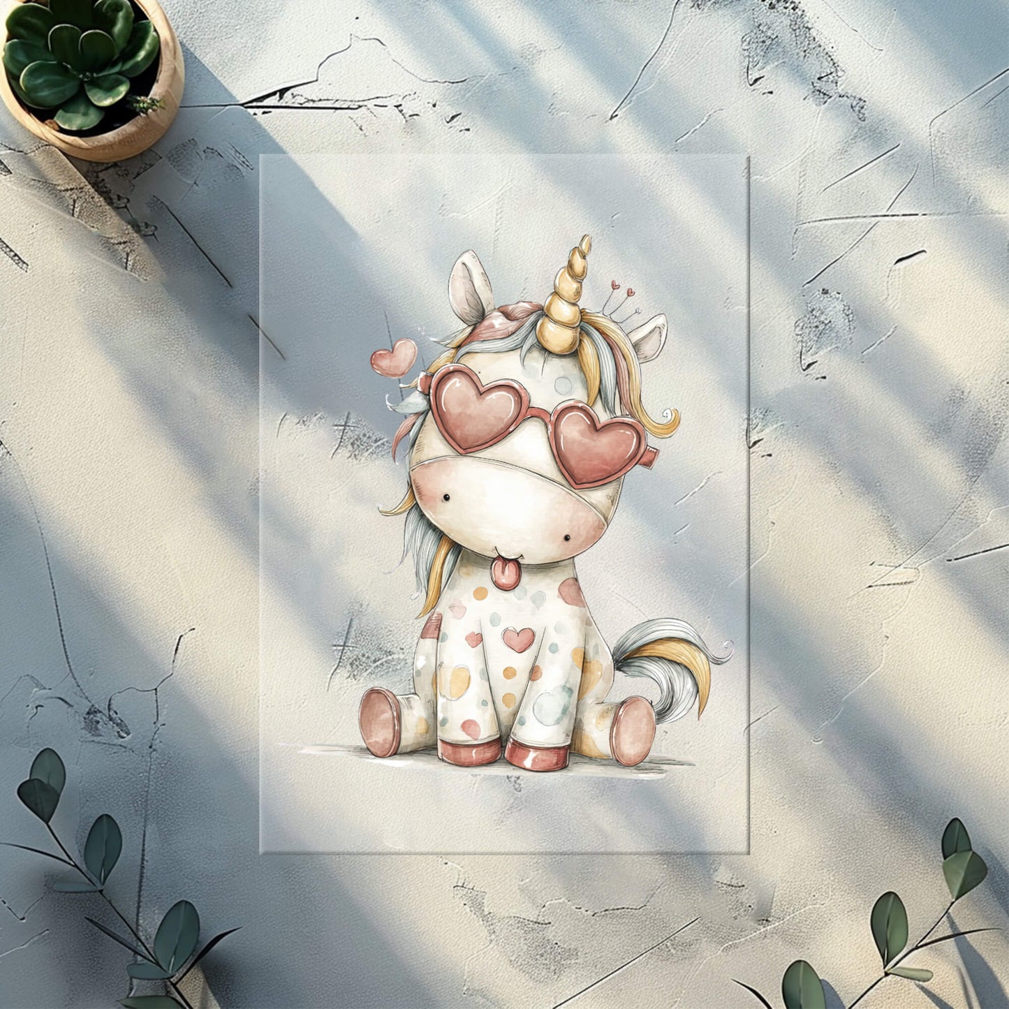 Einhorn Mädchen Bügelbild „Regenbogen Einhorn Herzbrille“ | DTF Transfer für Kleidung & Accessoires