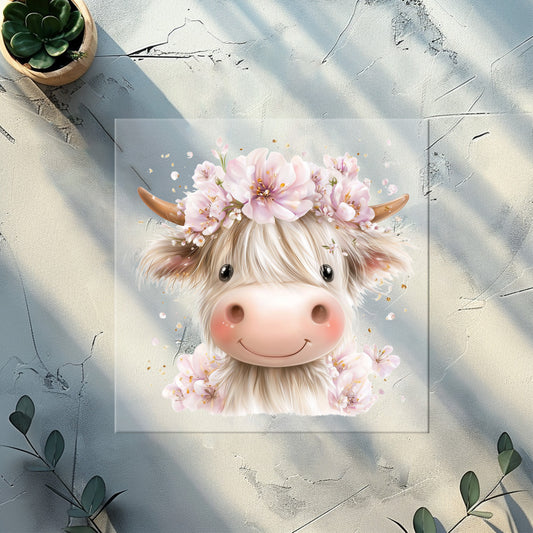 Highland Kuh Bügelbild „Blumenkranz“ | DTF Transfer für Kleidung & Accessoires