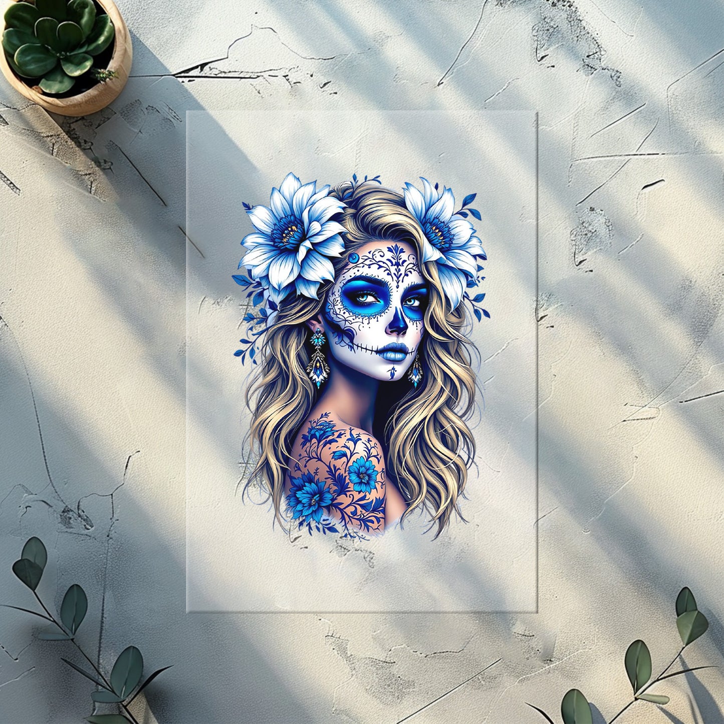 La Catrina Totenkopf Bügelbild „La Catrina“ Blau Weiß | DTF Transfer für Kleidung & Accessoires