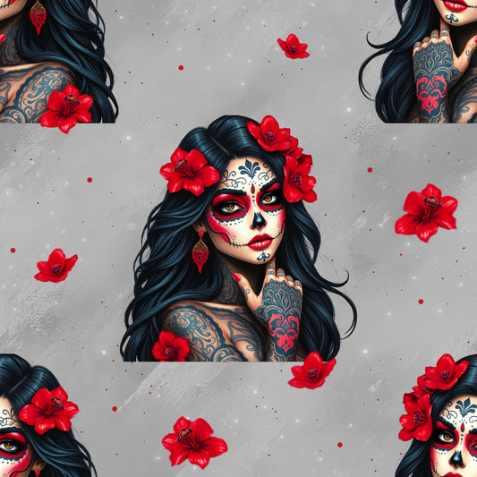 Kunstleder Meterware „la Catrina" - Grau Rot