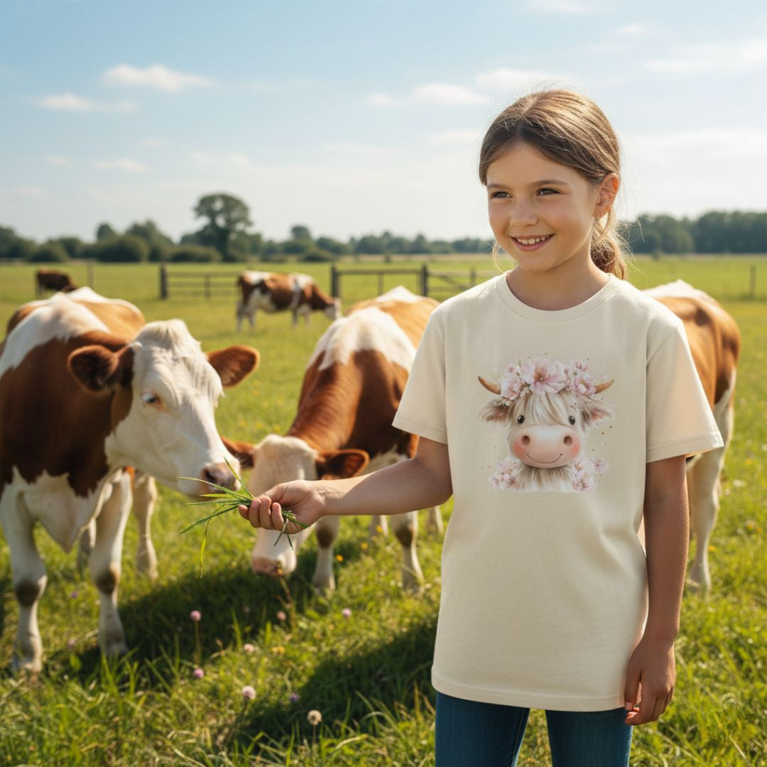 Highland Kuh Bügelbild „Blumenkranz“ | DTF Transfer für Kleidung & Accessoires