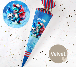 Personalisierte Schultüte "Dino Gang - Fußball" blau