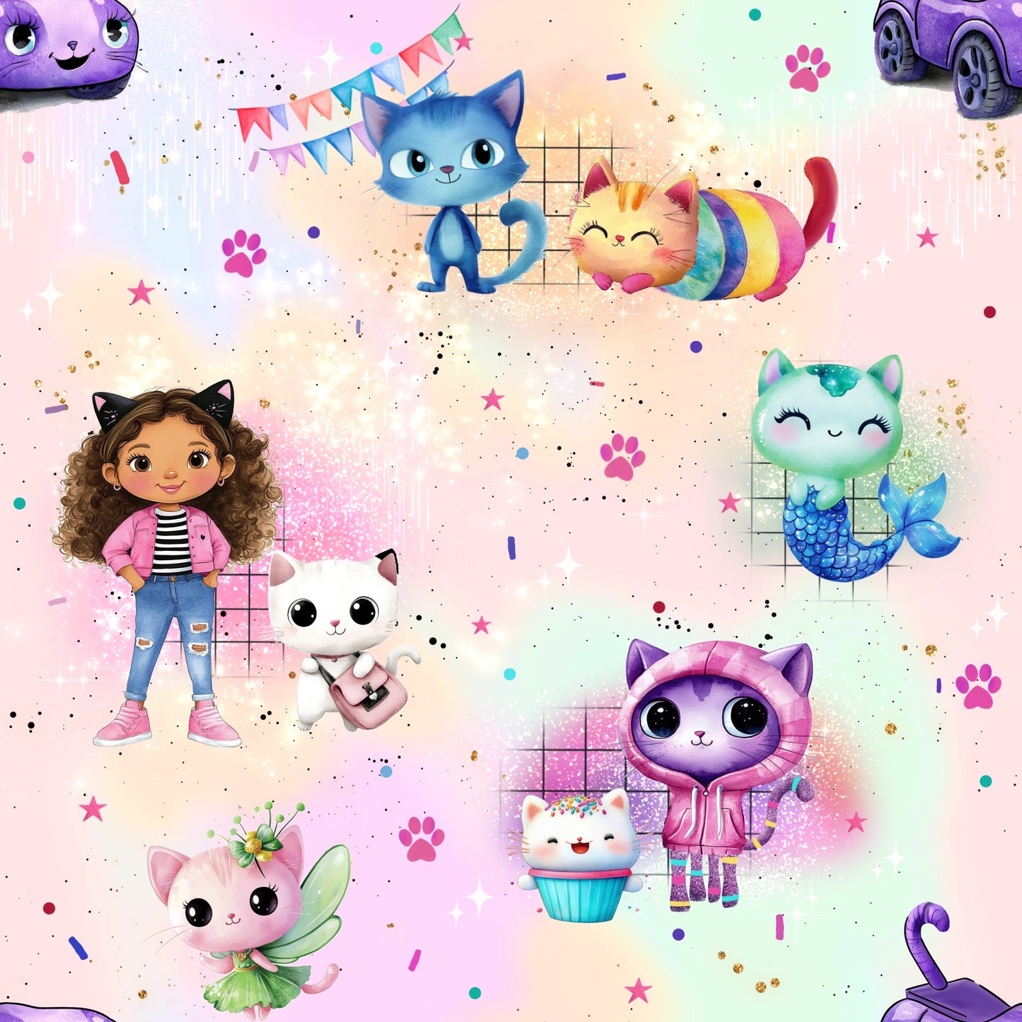 Katzenhaus Regenbogenschimmer | Katzen Stoff Meterware | Kinderstoff