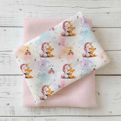 Einhorn & Fuchs Stoff – rosa Stoff mit Einhorn, Fuchs & Regenbögen – erhältlich als Jersey, French Terry oder Rib Jersey Meterware für Kinderkleidung