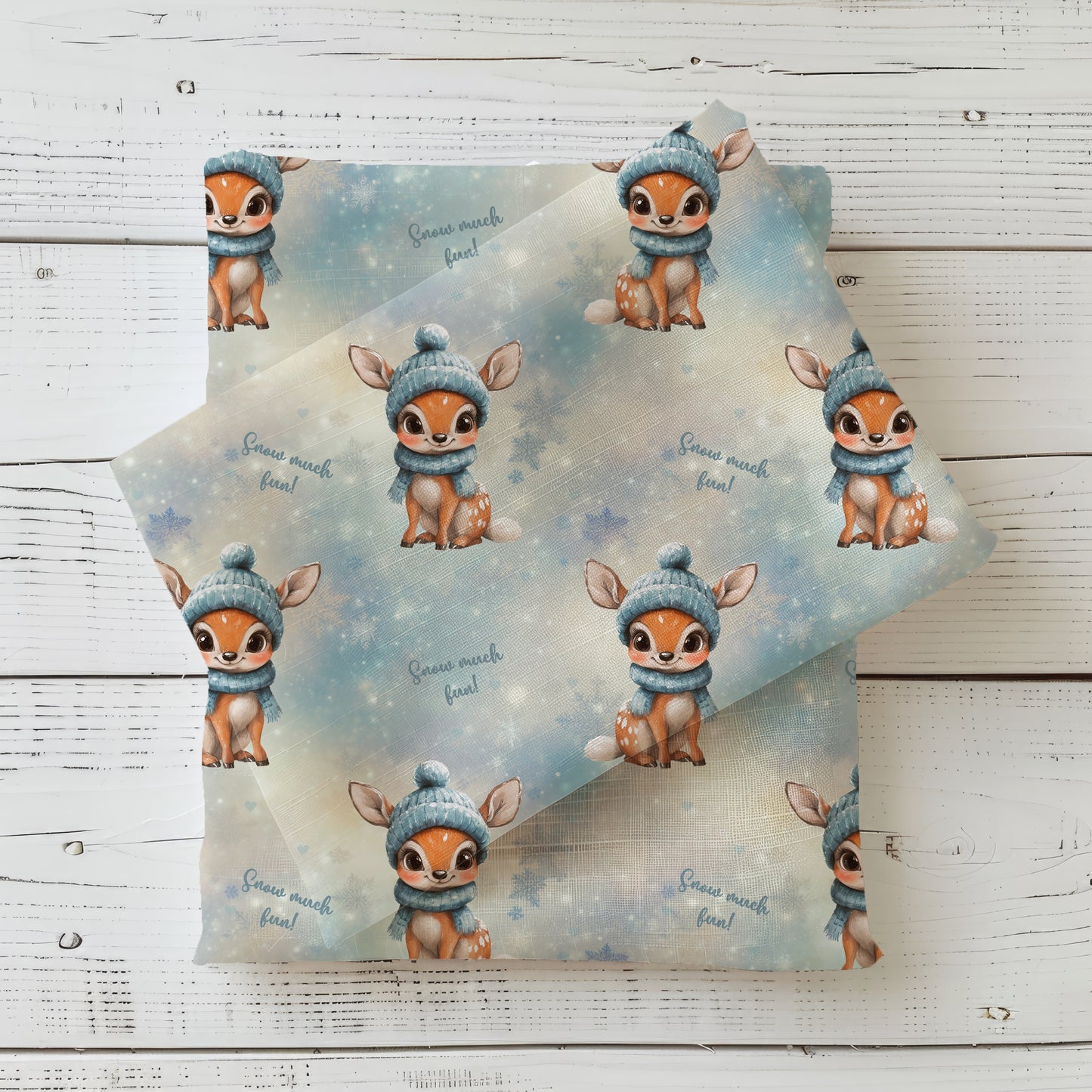 Snow much fun – Rehkitz Stoff – 0,5 m French Terry Lagerware mit Reh & Schneeflocken – sofort lieferbar & perfekt für Winterkleidung