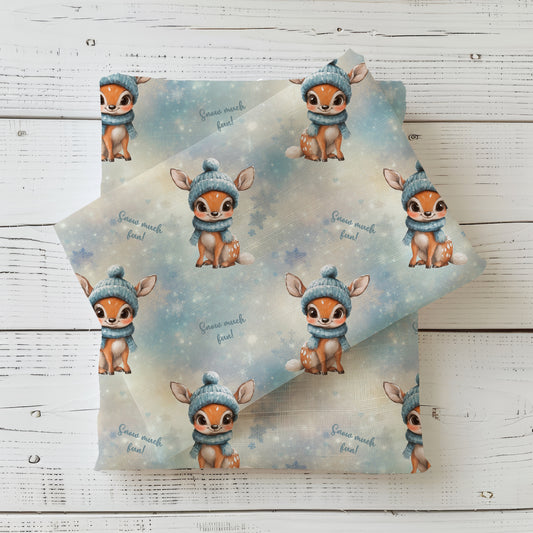 Snow much fun – Rehkitz Stoff – 0,5 m French Terry Lagerware mit Reh & Schneeflocken – sofort lieferbar & perfekt für Winterkleidung