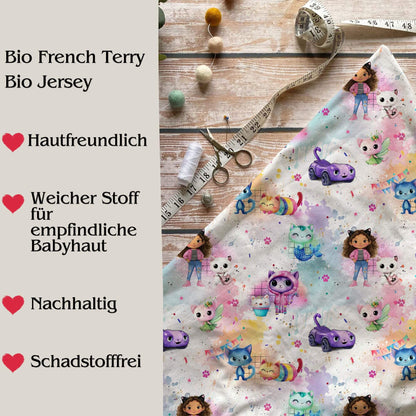 Stoffe Meterware „Regenbogen Katzenhaus" - Jersey oder French Terry
