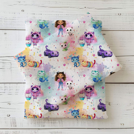 Rib Jersey „Regenbogen Katzenhaus" - Stoffe Meterware
