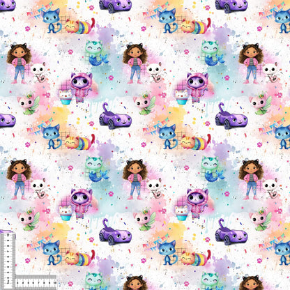 Rib Jersey „Regenbogen Katzenhaus" - Stoffe Meterware