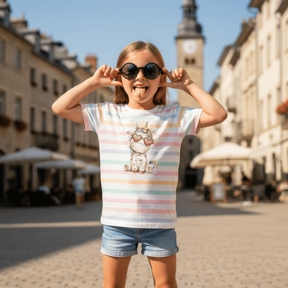 Einhorn Mädchen Bügelbild „Regenbogen Einhorn Herzbrille“ | DTF Transfer für Kleidung & Accessoires