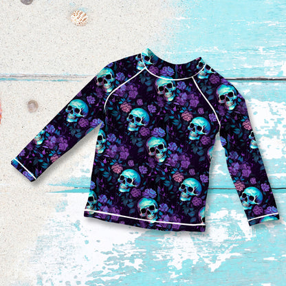 Lycra Stoffe Meterware „Totenkopf-Lila Blumen" UV 50+
