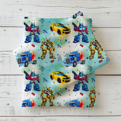 Jersey & French Terry "RobotCars" in grün - Stoffe Meterware