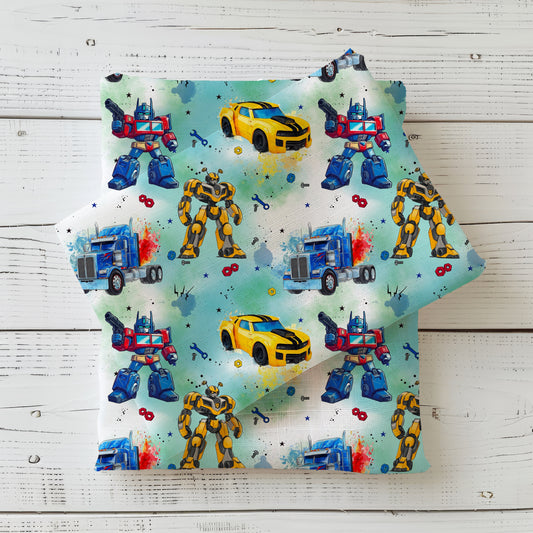Jersey & French Terry "RobotCars" in grün - Stoffe Meterware
