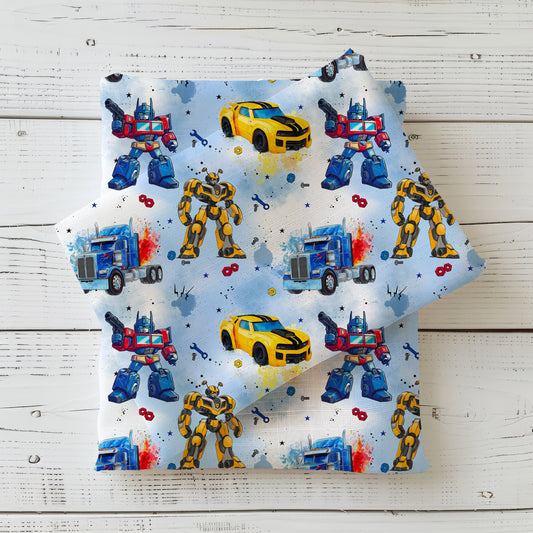 Jersey & French Terry "RobotCars" in blau - Stoffe Meterware