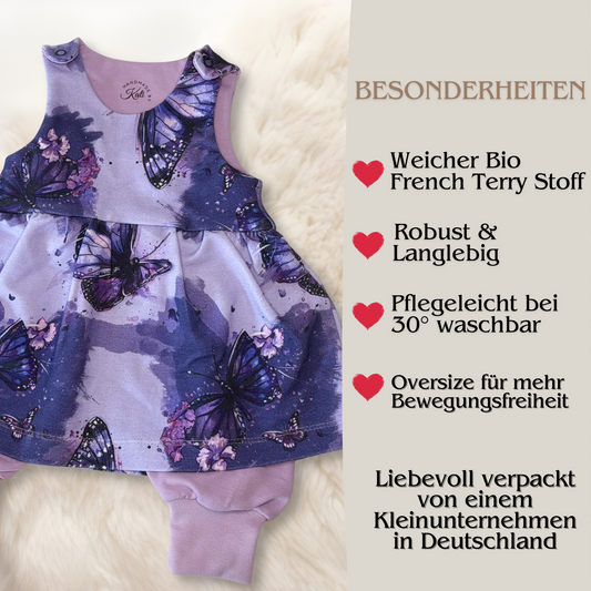 Handmade Baby Strampler-Kleid "Fliederflug"