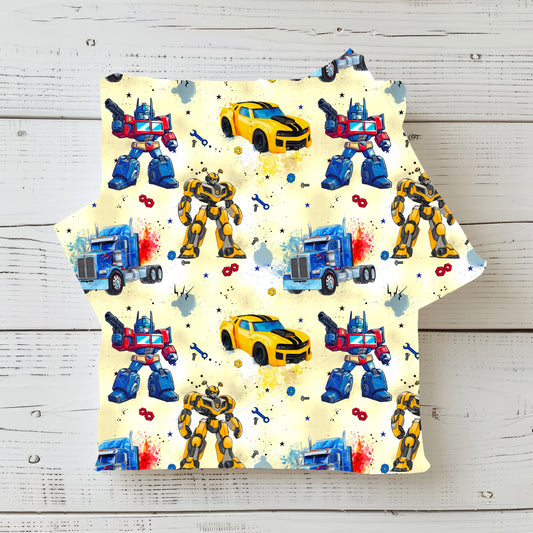 Jersey & French Terry "RobotCars" in gelb - Stoffe Meterware