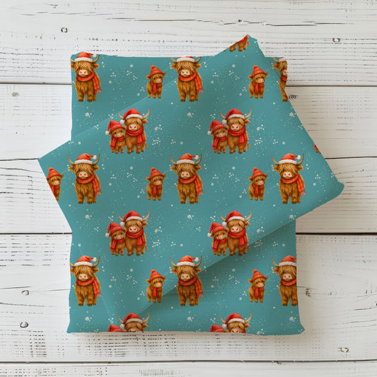 Meterware Weihnachtsstoff Highland Kuh – winterlicher Kinderstoff, OEKO-TEX Jersey, Rib Jersey oder French Terry