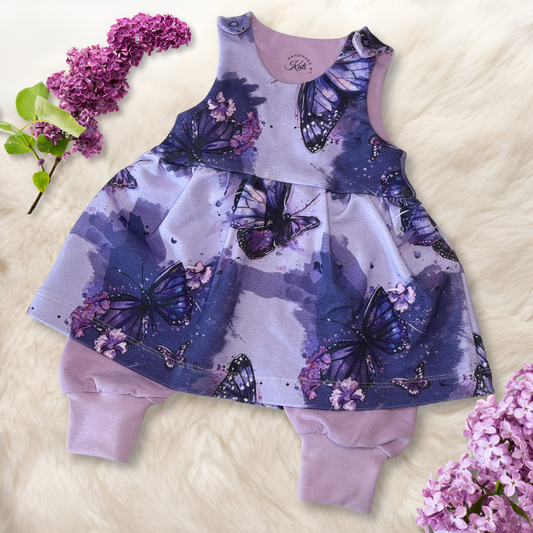Handmade Baby Strampler-Kleid "Fliederflug"