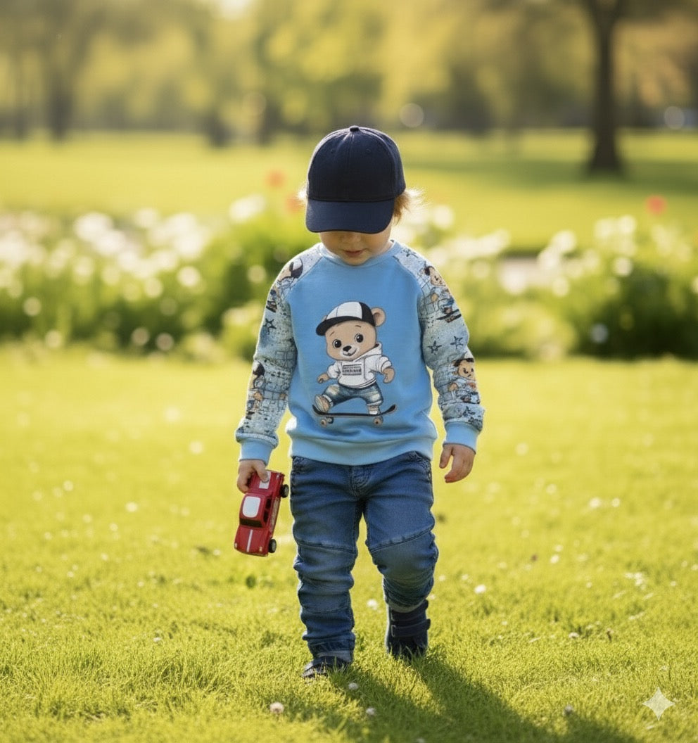 Sweatshirt Kinder "Skater Bär" in blau - French Terry