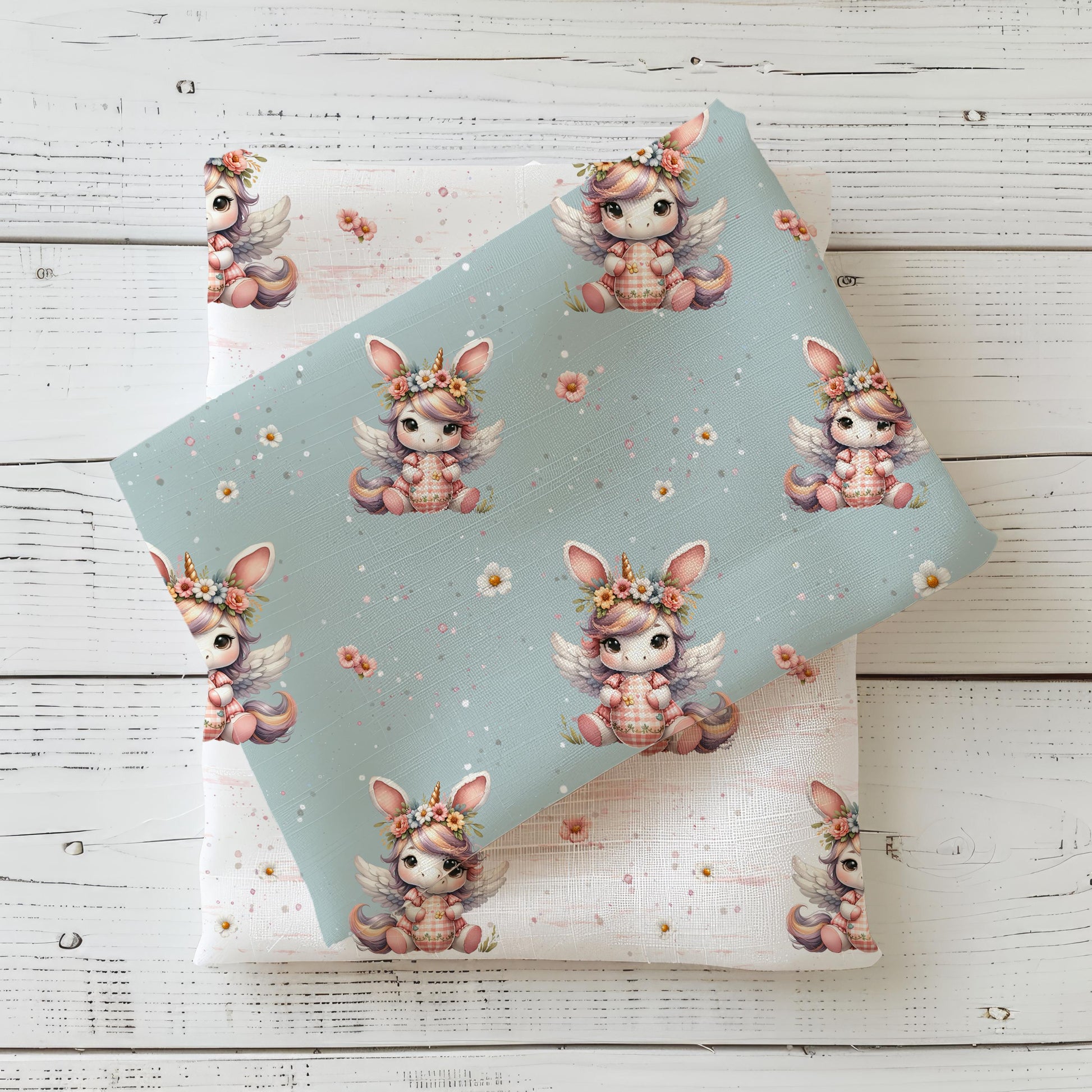 Jersey | Rib Jersey | French Terry Meterware – Süßes Oster Einhorn-Design in blau