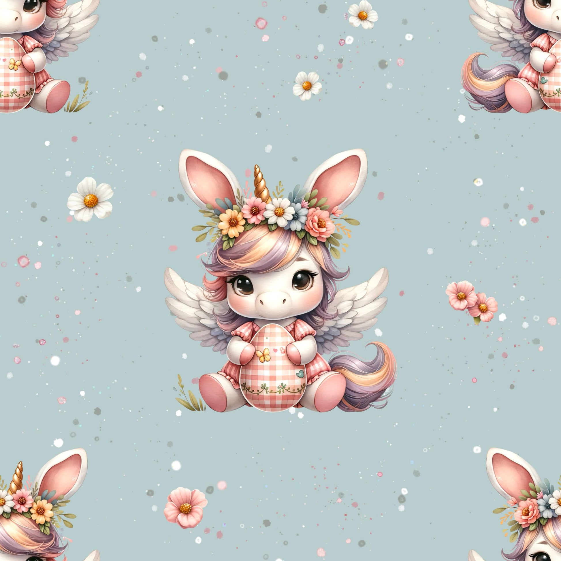Süßer Stoff als Meterware mit einem Einhorn, das Hasenohren als Haarreifen auf hat und ein Großes Osterei hält mit einem blauen und Blumigem Hintergrund