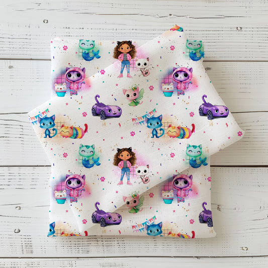 Katzenhaus Pfotenparty | Katzen Stoff Meterware | Kinderstoff