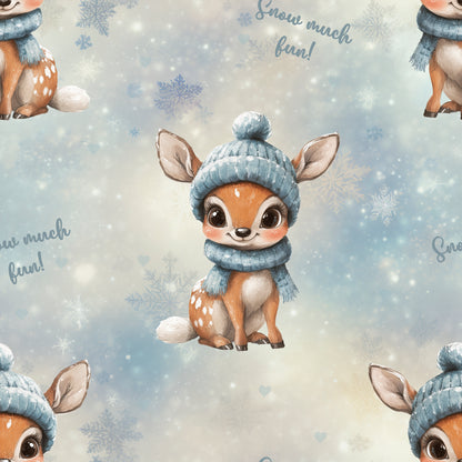 Snow much fun – Rehkitz Stoff – 0,5 m Jersey Lagerware mit Reh & Schneeflocken – sofort lieferbar & ideal für Winterkleidung“