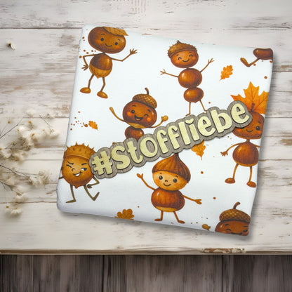 Kastanienmännchen Stoff – verspielter Herbststoff mit Figuren, Löwe & Vogel – Jersey, French Terry oder Rib Jersey Meterware für Kinderkleidung