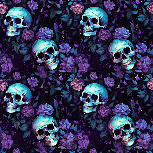 Lycra Stoffe Meterware „Totenkopf-Lila Blumen" UV 50+