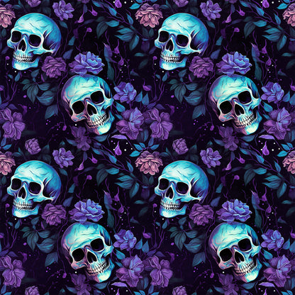 Gefalteter Bio Stoff Totenkopf-Lila Blumen auf Holz – French Terry oder Jersey als Meterware für Kinderkleidung & Erwachsene