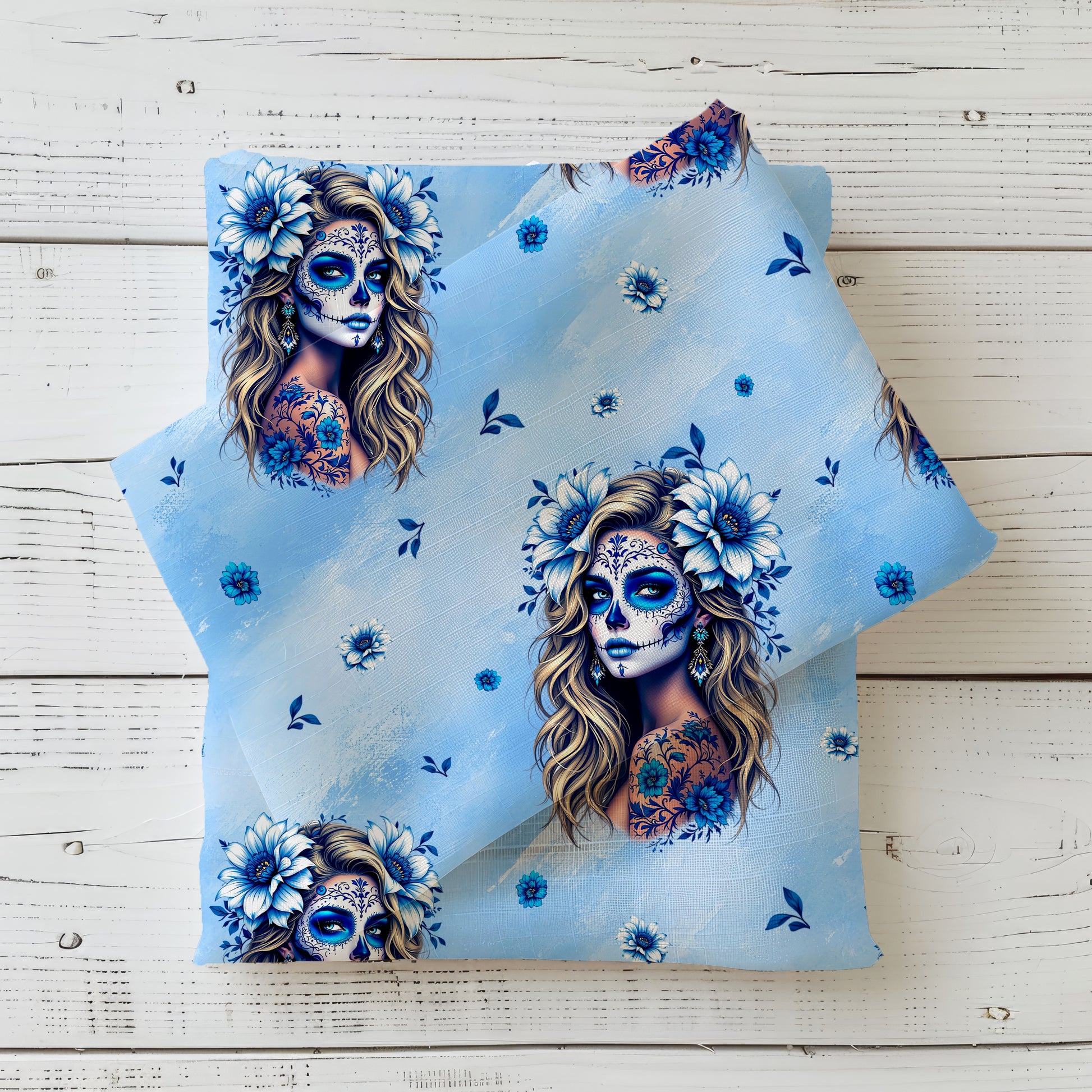 Meterware La Catrina – gefalteter Bio Jersey / French Terry Stoff in Blau