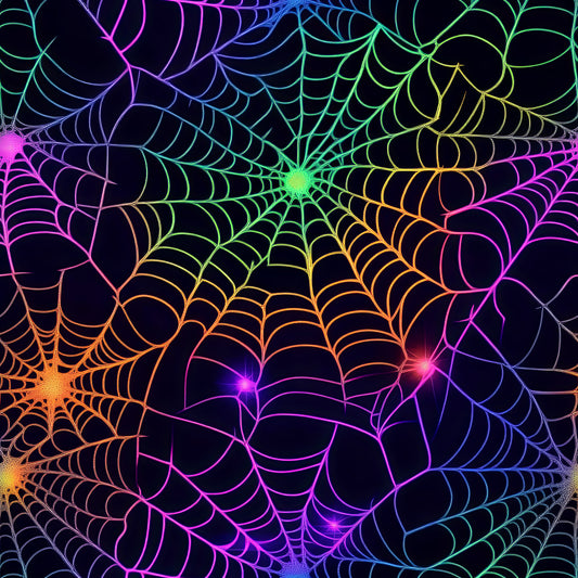 Halloween Neon Spinnennetz Stoff – dunkler Stoff mit leuchtenden Spinnennetzen – Jersey oder French Terry Meterware für Kleidung & Deko