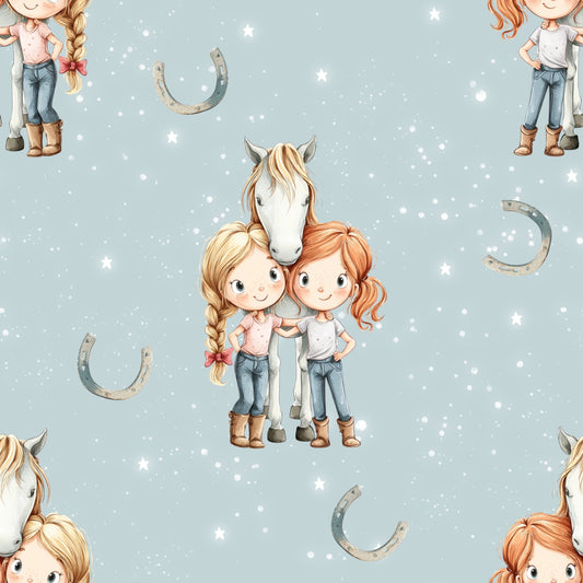 Beste Freundinnen & Pferd | Pferde Stoff Meterware | Kinderstoff