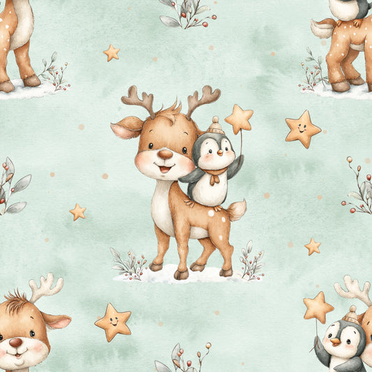 Jersey oder French Terry „Rentier & Pinguin" Weihnachten