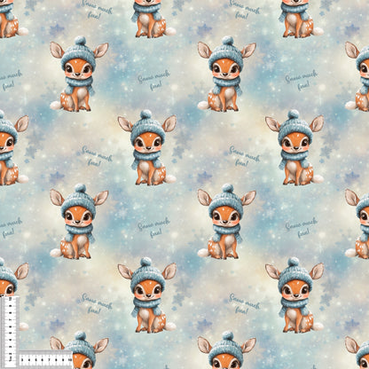 Snow much fun – Rehkitz Stoff – 0,5 m Rib Jersey Lagerware mit Reh & Schneeflocken – sofort lieferbar & ideal für Winterkleidung