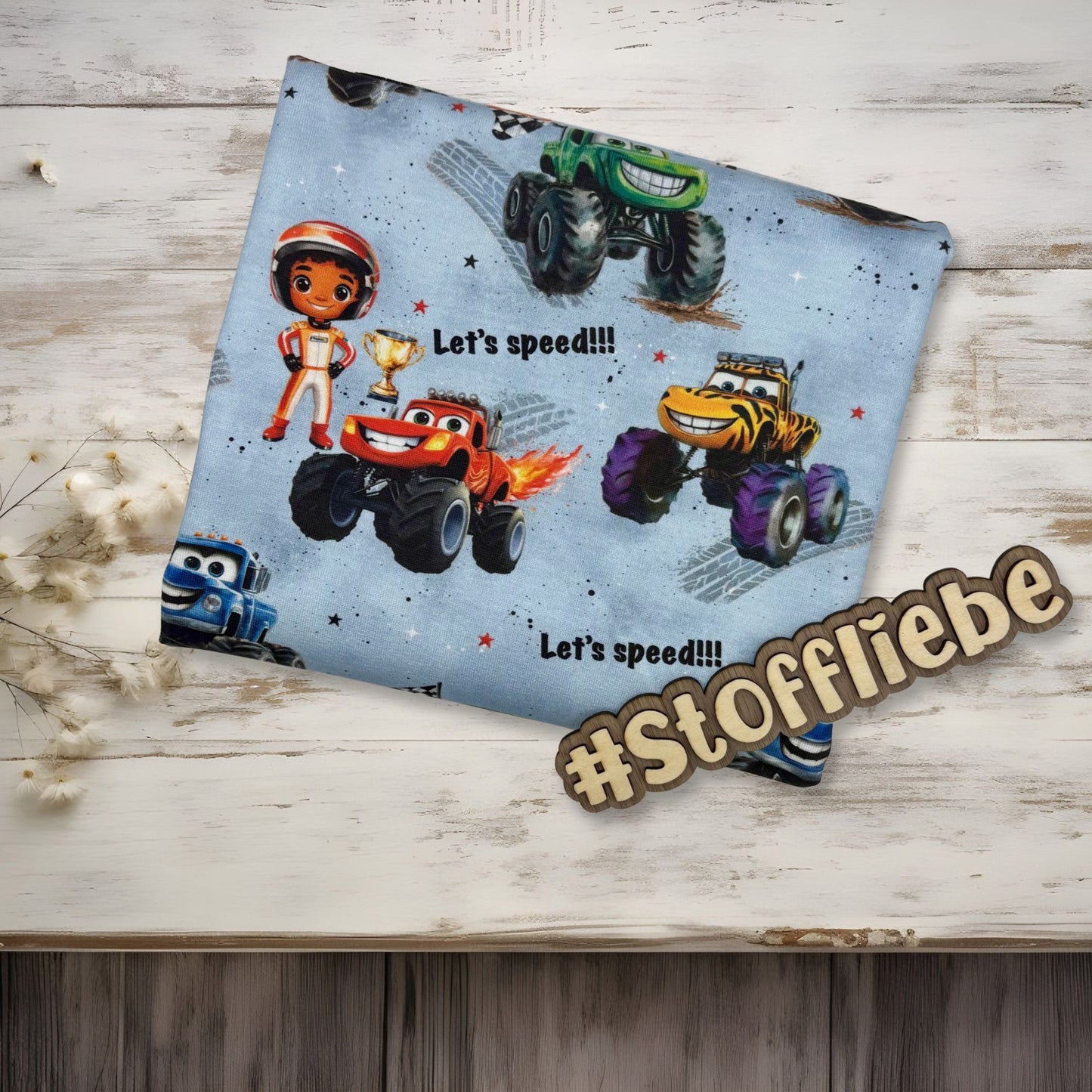 French Terry "Monster Truck" blau - 0,5m