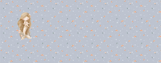 Stoffpanel aus Bio Jersey oder Bio French Terry mit kleiner Meerjungfrau auf neutralem blauen Hintergrund. leine Luftblasen und Seerosen.