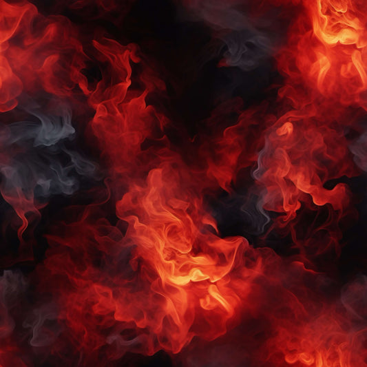 Abstrakter Feuer Stoff mit roten und schwarzen Flammen sowie Rauchoptik – dramatisches Hintergrundmotiv für Jersey und French Terry