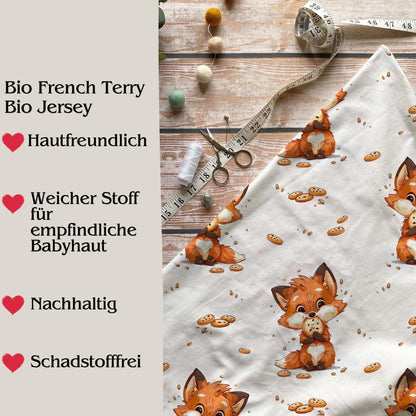Bio Jersey Stoff Fuchs mit Cookie – hautfreundlich, nachhaltig & schadstofffrei für DIY Babyprojekte