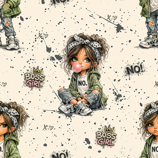 Beiger Kinderstoff Boss Girl als Jersey Meterware mit rebellischem Mädchen Motiv, No Statement und Graffiti Sprenkeln für trendige Mädchen Outfits