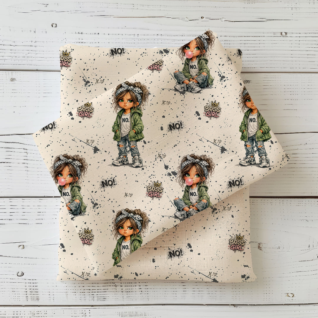 Kinderstoff Boss Girl mit splah Muster in Beige, Jersey Meterware mit frechem Mädchen Motiv und No Schriftzug für coole Mädchenkleidung