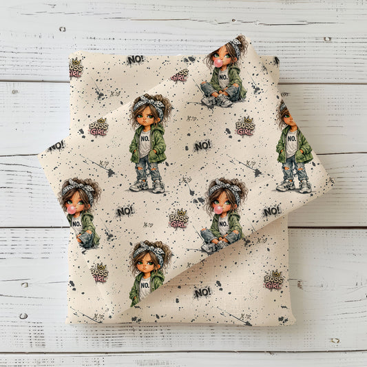 Kinderstoff Boss Girl mit splah Muster in Beige, Jersey Meterware mit frechem Mädchen Motiv und No Schriftzug für coole Mädchenkleidung